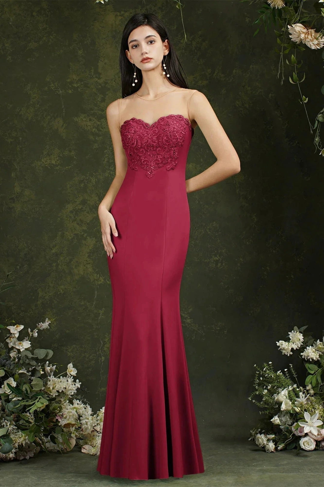 Sweetheart Floral Lace Tulle Mermaid Long Prom dress by misshow.com