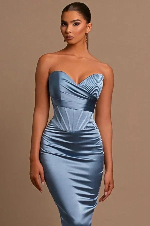 Sweetheart Long Mermaid Dusty Blue Satin Prom Dress by misshow.com