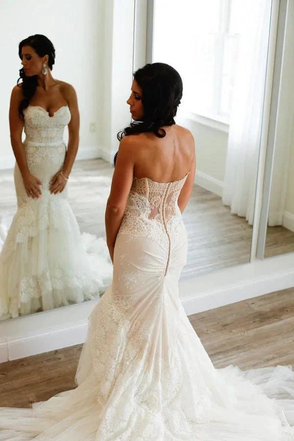 Sweetheart Mermaid Tiered Lace Wedding Dress Ruched with Sweep Train WD035 by pgmdress