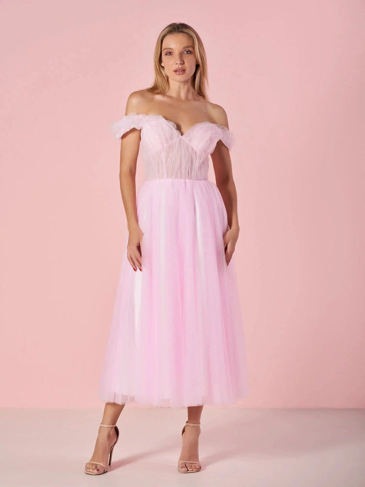 Sweetheart Neck Off the Shoulder Tea Length Tulle Prom Dress by Anne of Brittany