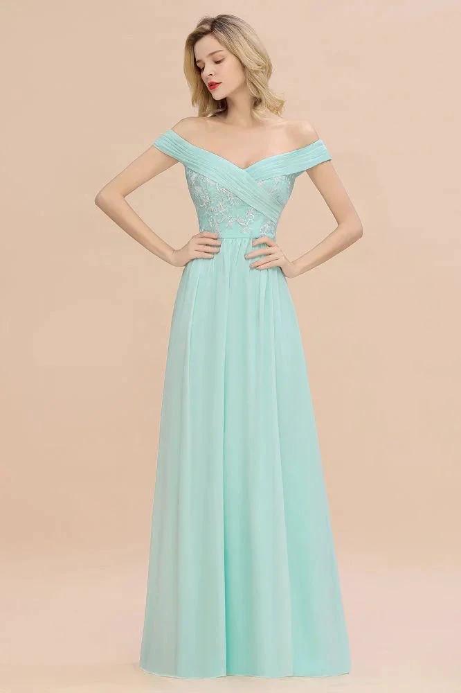 Sweetheart Ruffles Simple Prom Dresses Off the Shoulder aline Bridesmaid Dress by misshow.com