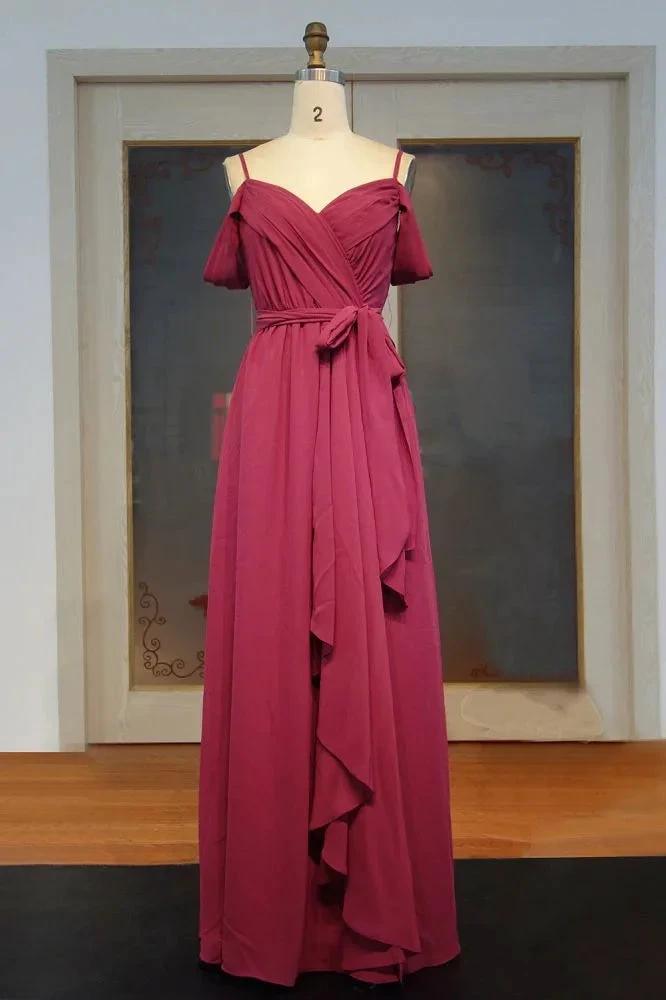 Sweetheart Spaghetti A-line Floor Length Ruffled Chiffon Prom Dresses with Bow Sash by misshow.com