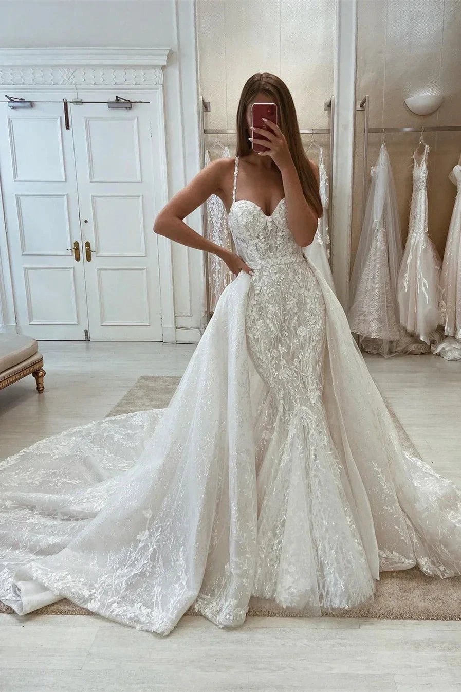 Sweetheart Spaghetti Straps Mermaid Sleeveless Lace Wedding Dress With Detachable Train by misshow.com