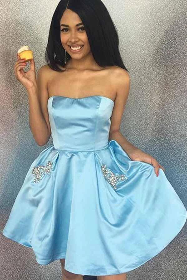 Sweetheart Strapless Sky Blue Short Homecoming/Party Dress with Pockets PD097 by pgmdress