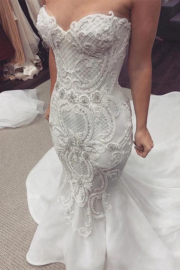 Sweetheart Stunning Lace Mermaid Buttons Wedding Dress by misshow.com