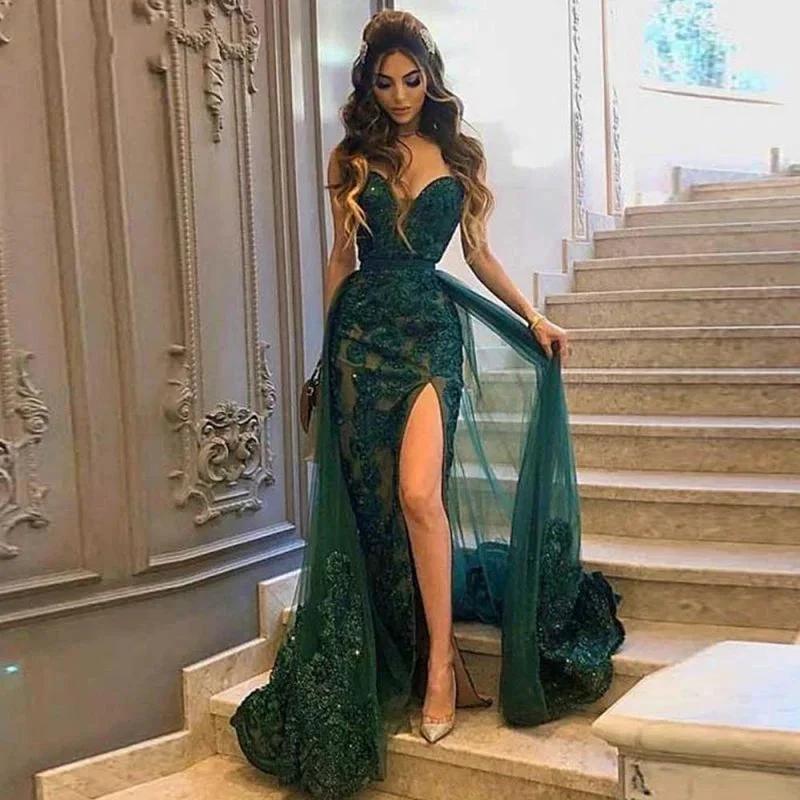 Sweetheart Tulle Side-Split Lace Appliques Mermaid Prom Dresses With Detachable Skirt by misshow.com