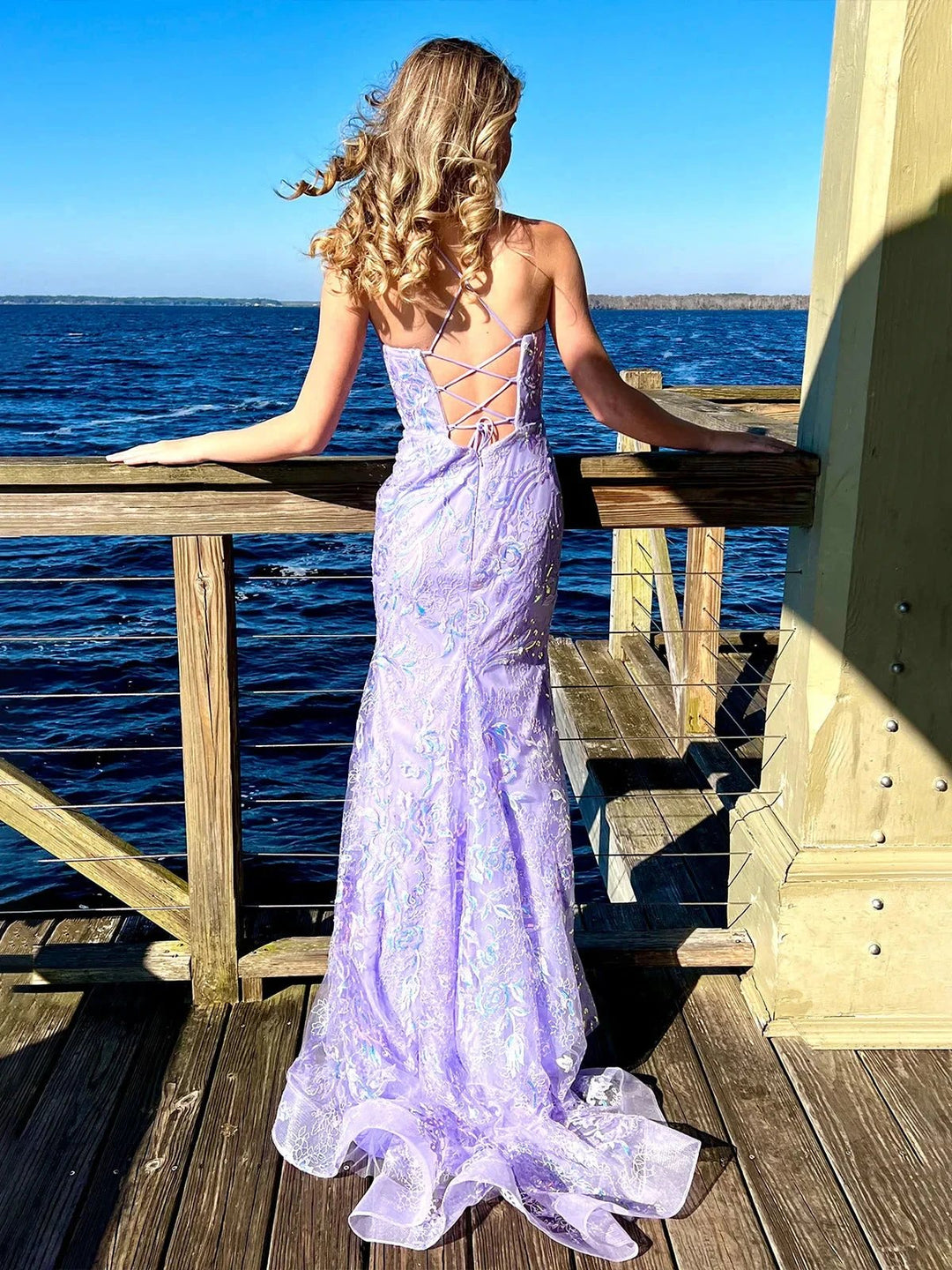 Sylvia | Mermaid Spagehtti Straps Lilac Lace Sequin Long Prom Dresses by KissProm