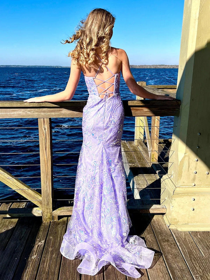 Sylvia | Mermaid Spagehtti Straps Lilac Lace Sequin Long Prom Dresses by KissProm
