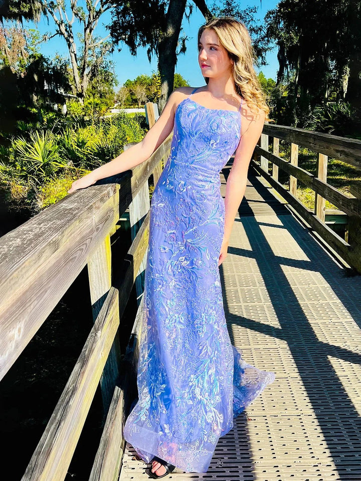 Sylvia | Mermaid Spagehtti Straps Lilac Lace Sequin Long Prom Dresses by KissProm