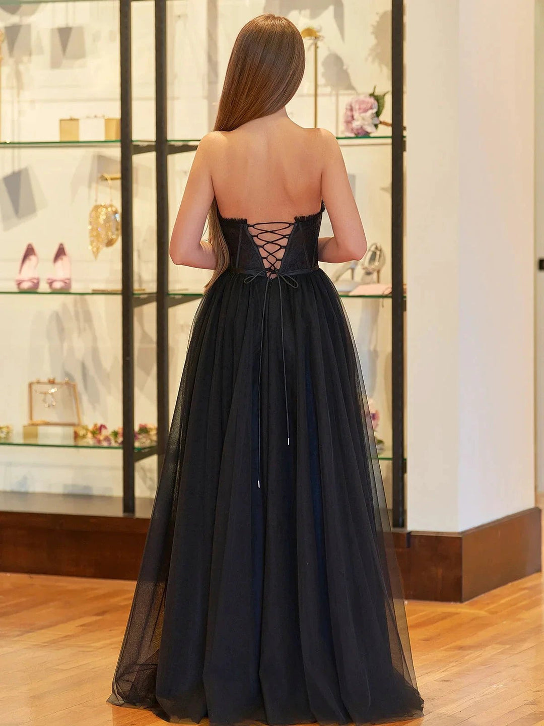 Talia | Black A Line Sweetheart Corset Tulle Prom Dress with Slit by KissProm