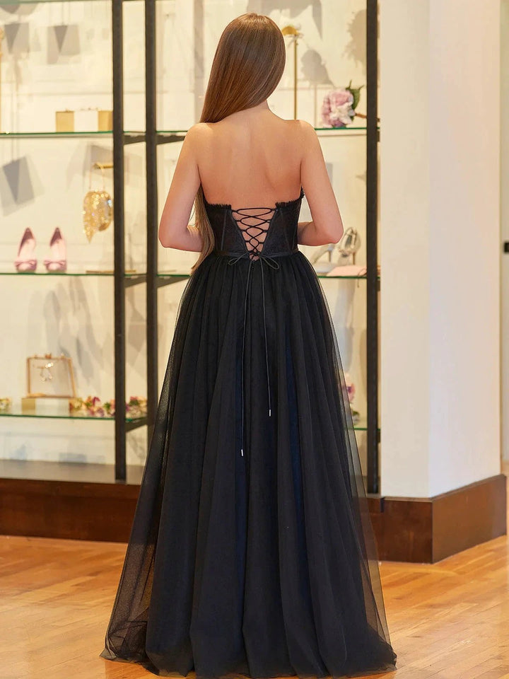 Talia | Black A Line Sweetheart Corset Tulle Prom Dress with Slit by KissProm