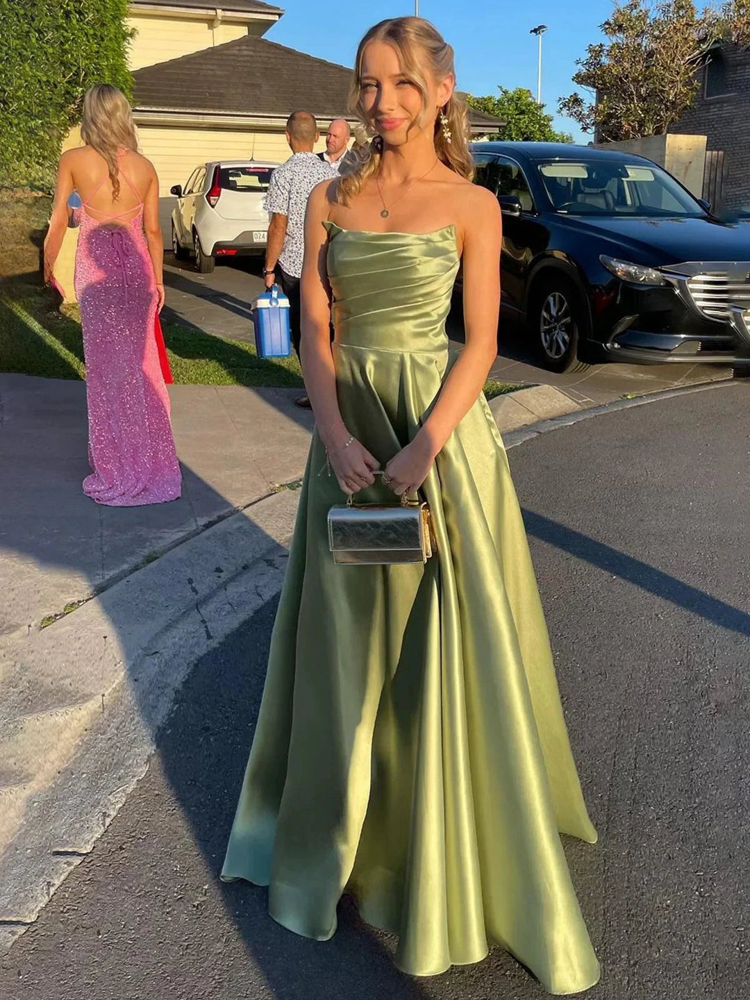 Tanzie | Strapless Sage Green Satin A-line Long Prom Dress by KissProm