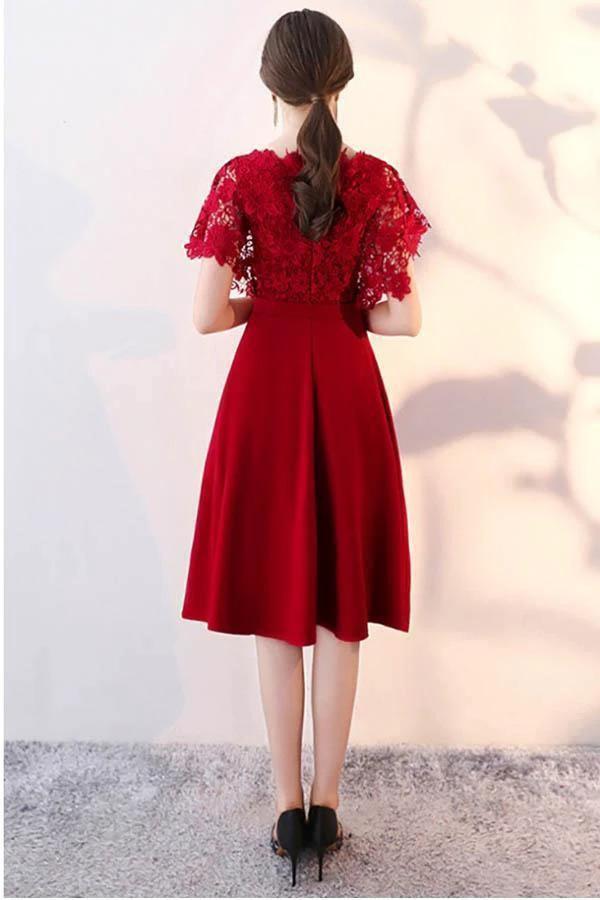 Tea Length Lace Sleeve Wedding Party Dress Homecoming Dress with Sash PD096 by pgmdress
