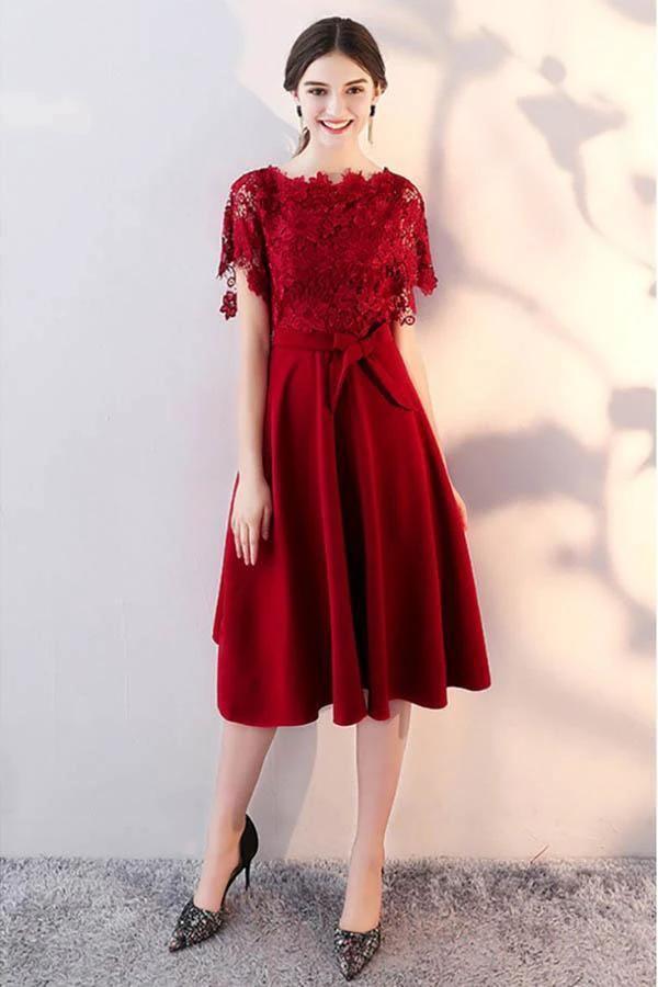 Tea Length Lace Sleeve Wedding Party Dress Homecoming Dress with Sash PD096 by pgmdress