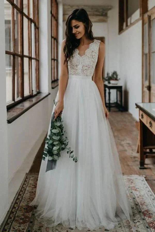 Top Lace Simple Tulle Beach Wedding Dress Bridal Gown With V Back WD452 by pgmdress