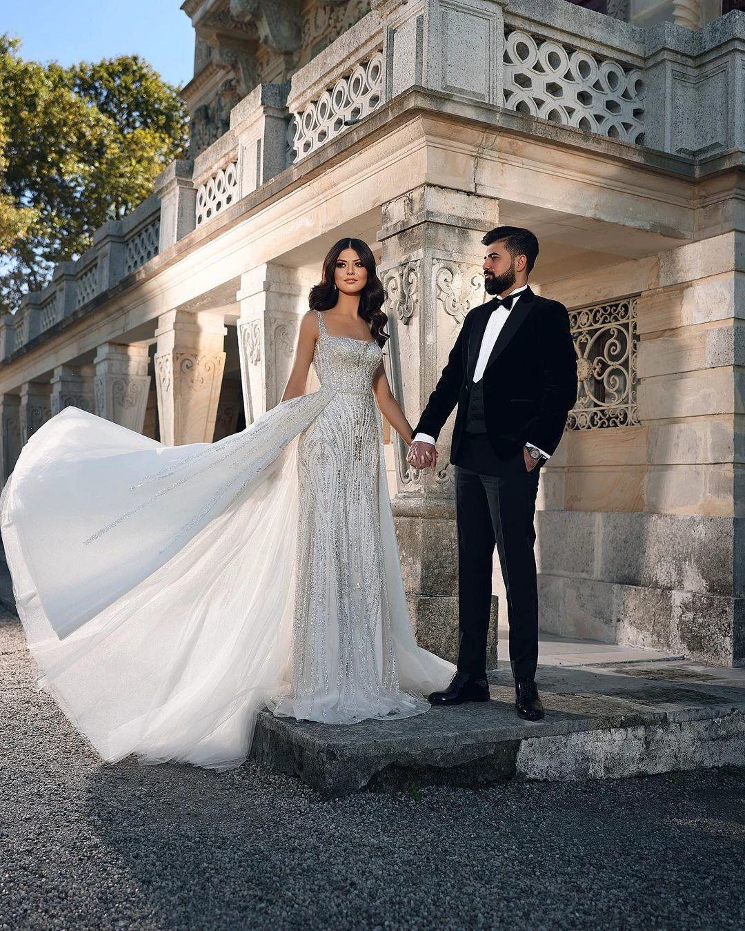 Vestido de Noiva Comprido até ao Chão, com Alças Finas Quadradas, Sem Mangas, Estilo Sereia, em Renda, na Moda