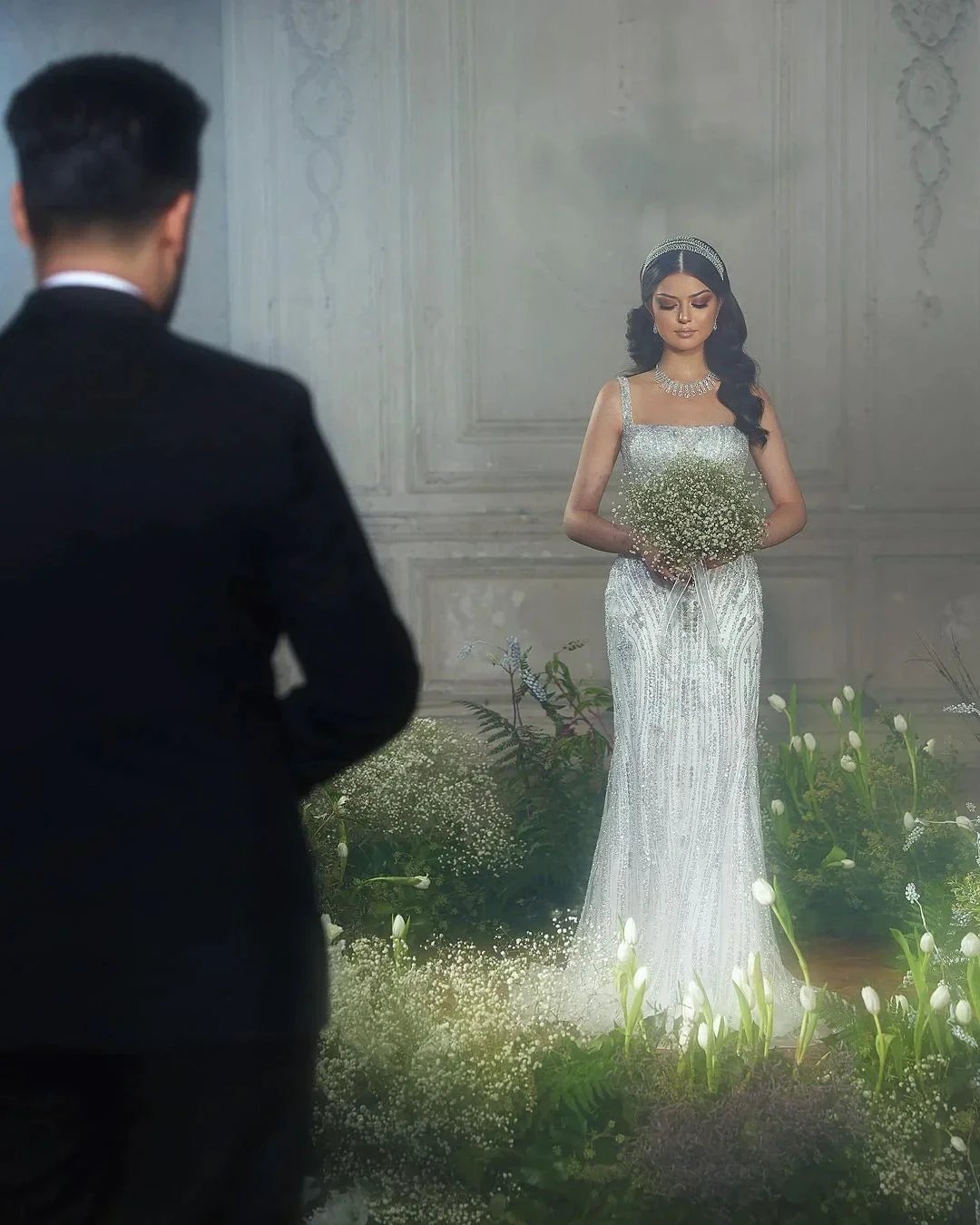 Vestido de Noiva Comprido até ao Chão, com Alças Finas Quadradas, Sem Mangas, Estilo Sereia, em Renda, na Moda