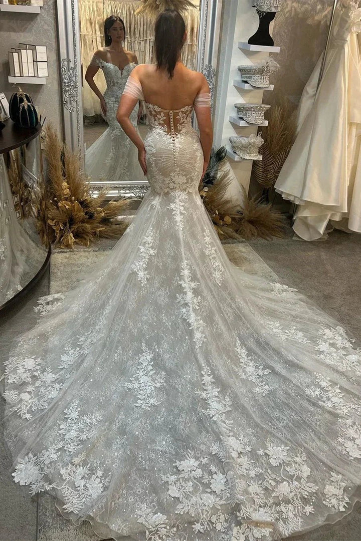 Trendy Floor Length Sweetheart Sleeveless Off-The-Shoulder Lace Wedding Dress with Chapel Train by misshow.com