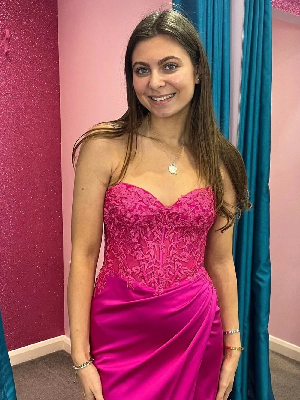 Trudy | Fuchsia Lace and Satin Ruched Mermaid Prom Dress by KissProm