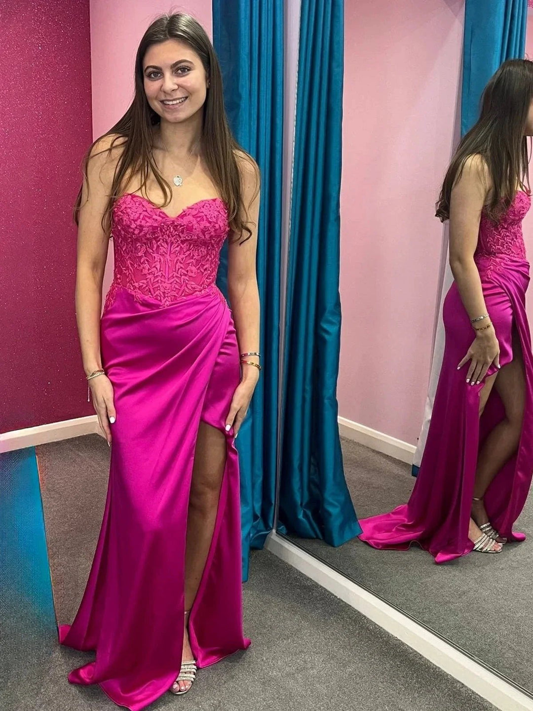Trudy | Fuchsia Lace and Satin Ruched Mermaid Prom Dress by KissProm