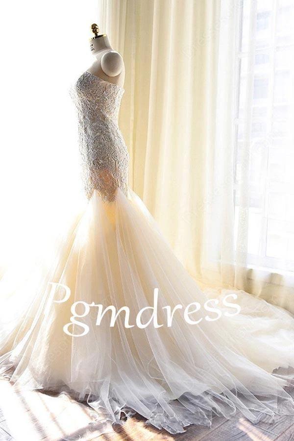 Tulle Mermaid Gorgeous Lace-Appliques Sweetheart Wedding Dress WD127 by pgmdress