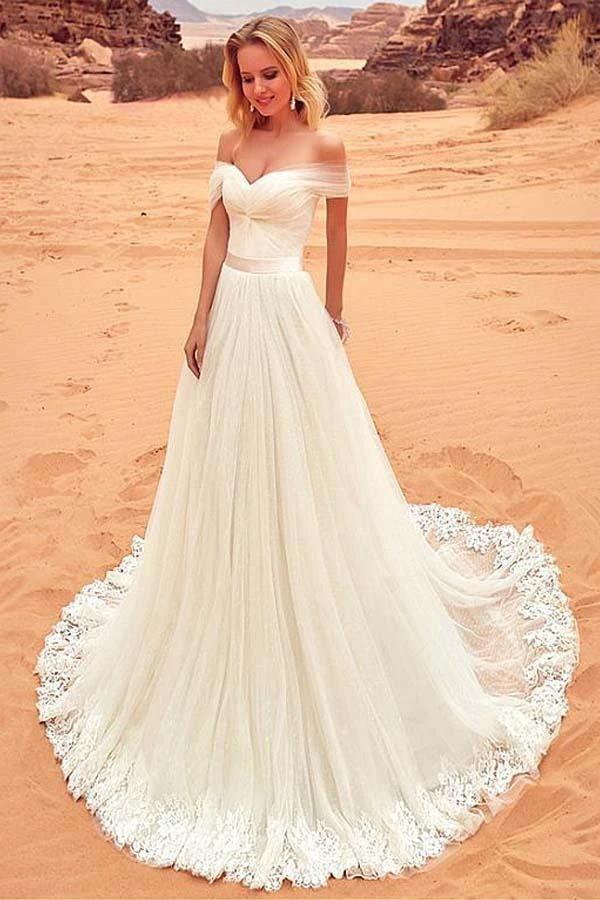Tulle Off-the-shoulder Neckline Wedding Dress With Lace Appliques WD201 by pgmdress