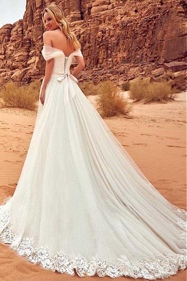 Tulle Off-the-shoulder Neckline Wedding Dress With Lace Appliques WD201 by pgmdress