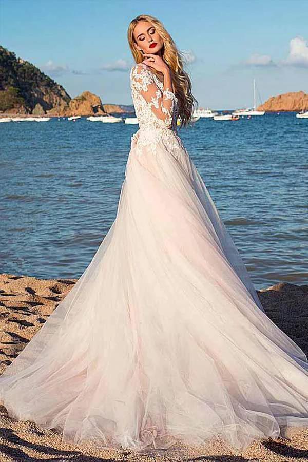 Tulle Scoop Neckline A-line Wedding Dress With Lace Appliques WD188 by pgmdress