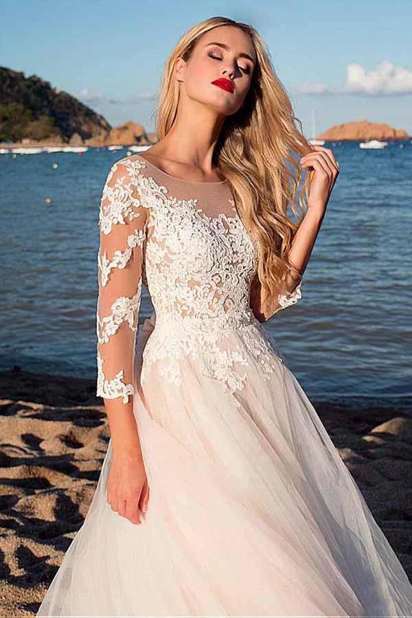 Tulle Scoop Neckline A-line Wedding Dress With Lace Appliques WD188 by pgmdress