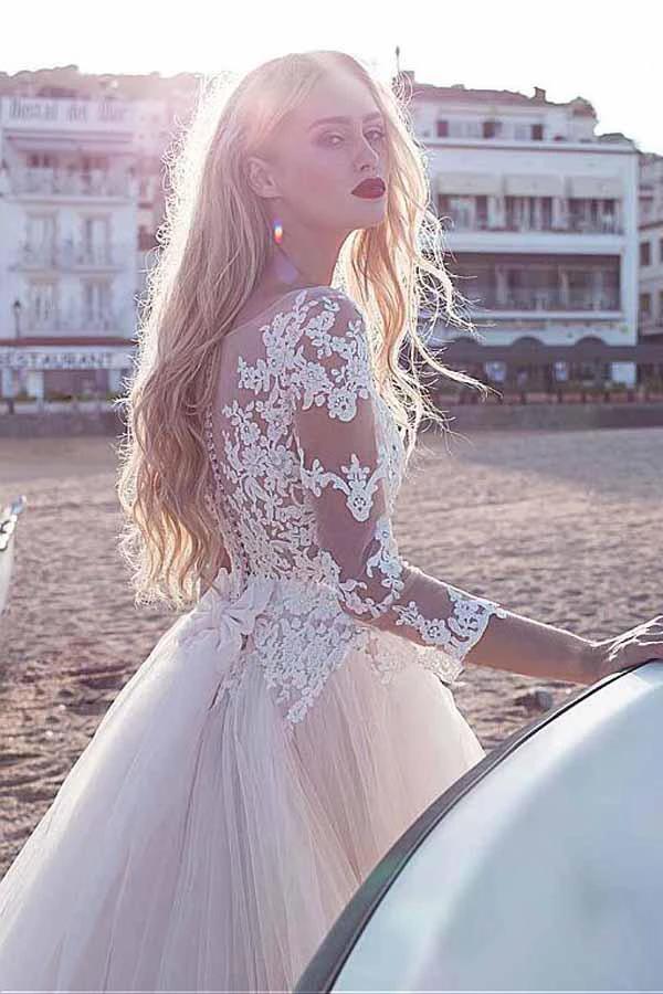 Tulle Scoop Neckline A-line Wedding Dress With Lace Appliques WD188 by pgmdress
