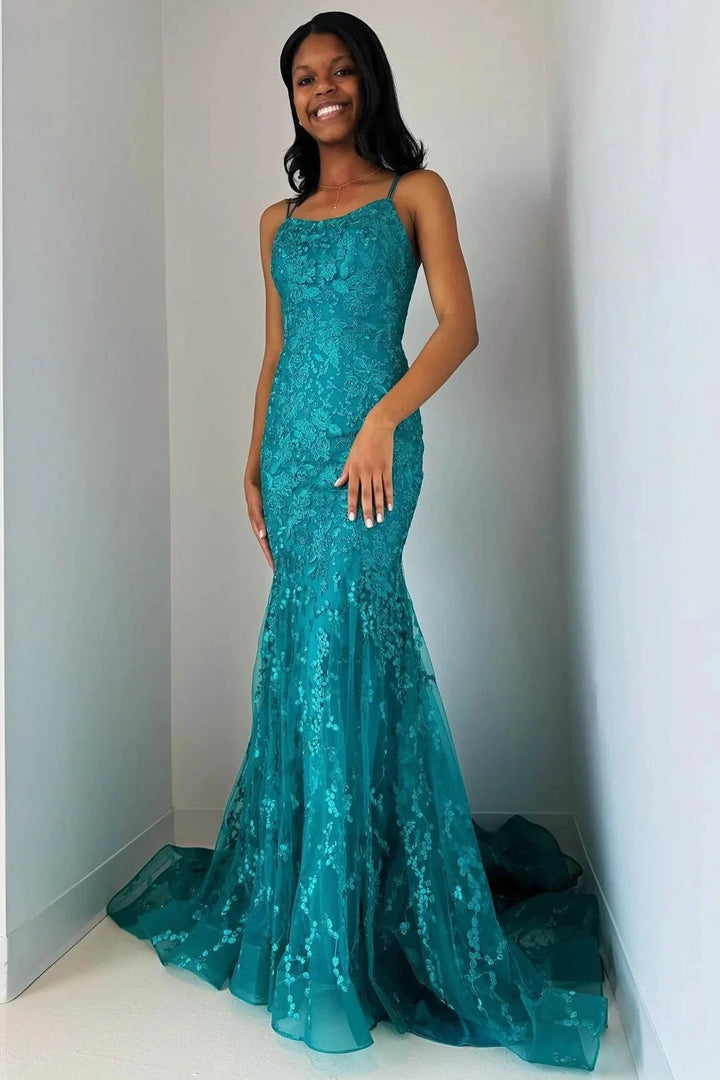 Elma | Turquoise Appliques Lace-Up Trumpet Long Prom Dress by KissProm