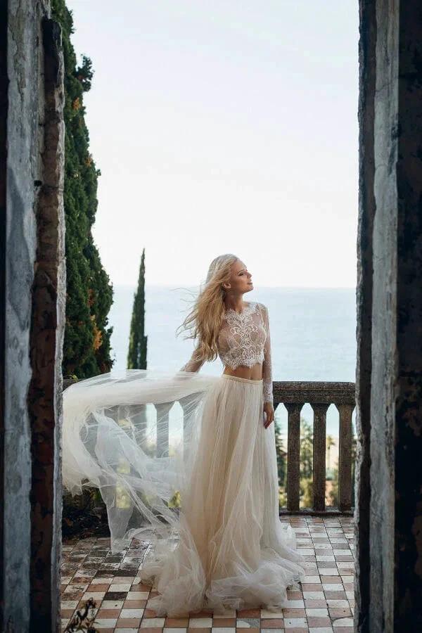 Two Piece A-line Long Lace Tulle Wedding Dress with Sleeves by BIZTUNNEL