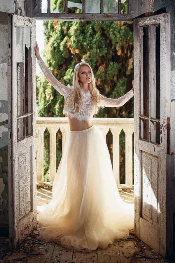 Two Piece A-line Long Lace Tulle Wedding Dress with Sleeves by BIZTUNNEL