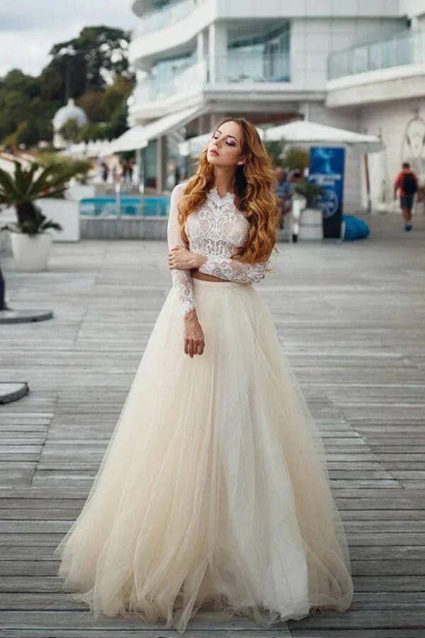 Two Piece A-line Long Lace Tulle Wedding Dress with Sleeves by BIZTUNNEL