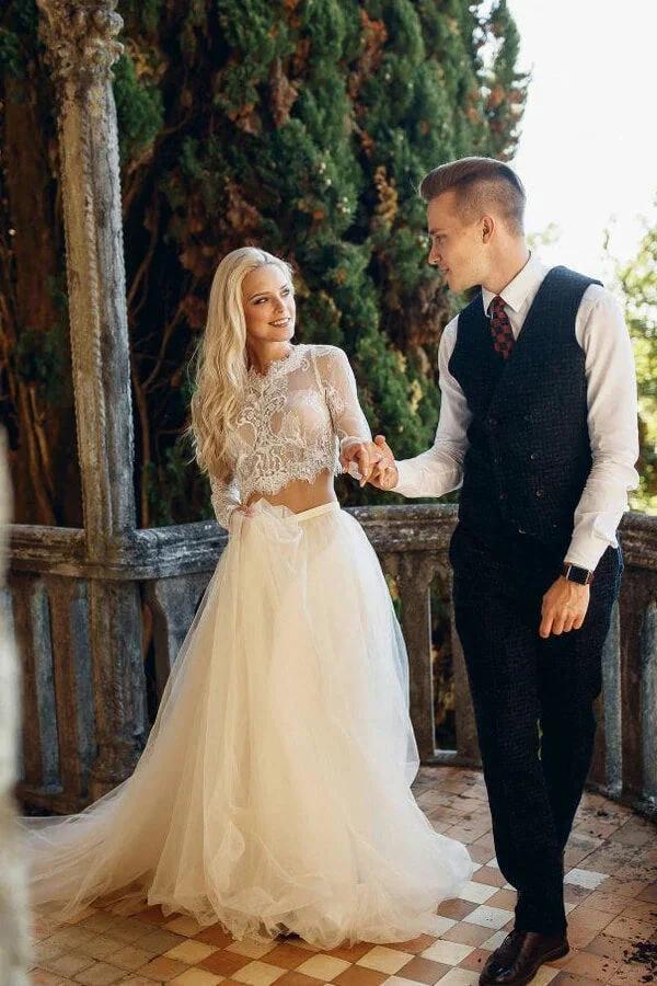 Two Piece A-line Long Lace Tulle Wedding Dress with Sleeves by BIZTUNNEL