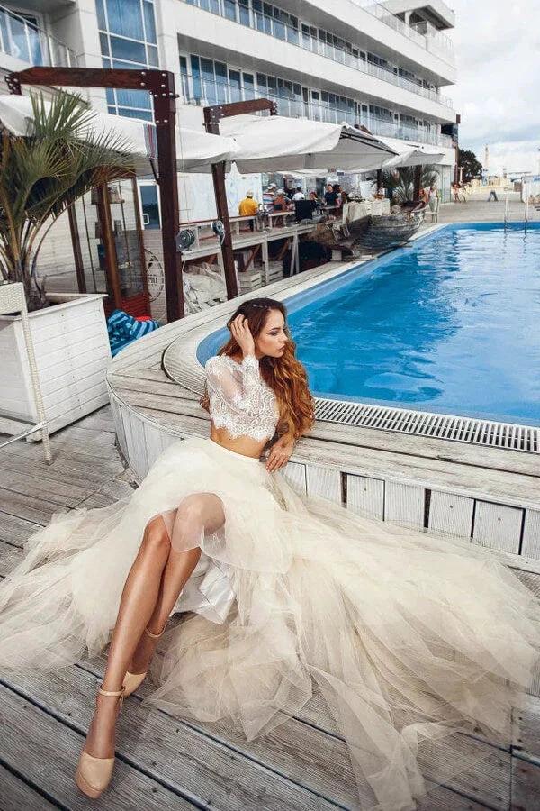 Two Piece A-line Long Lace Tulle Wedding Dress with Sleeves by BIZTUNNEL