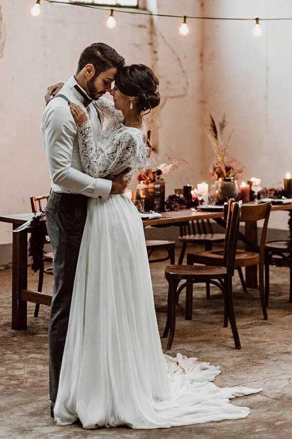 Two Piece Bateau Long Sleeves Chiffon Wedding Dress with Lace WD372 by pgmdress
