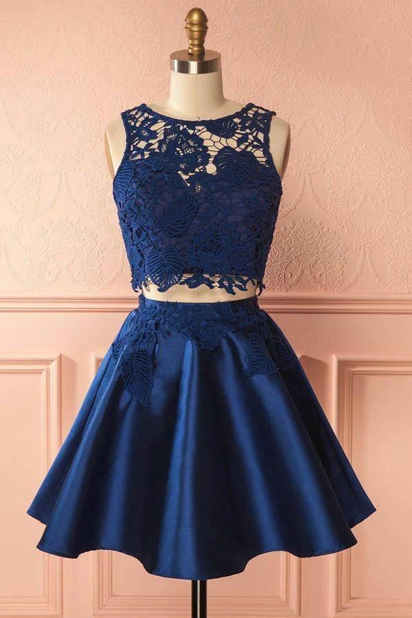 Two Piece Dark Blue Satin Homecoming Dress with Lace Appliques PG157 by pgmdress