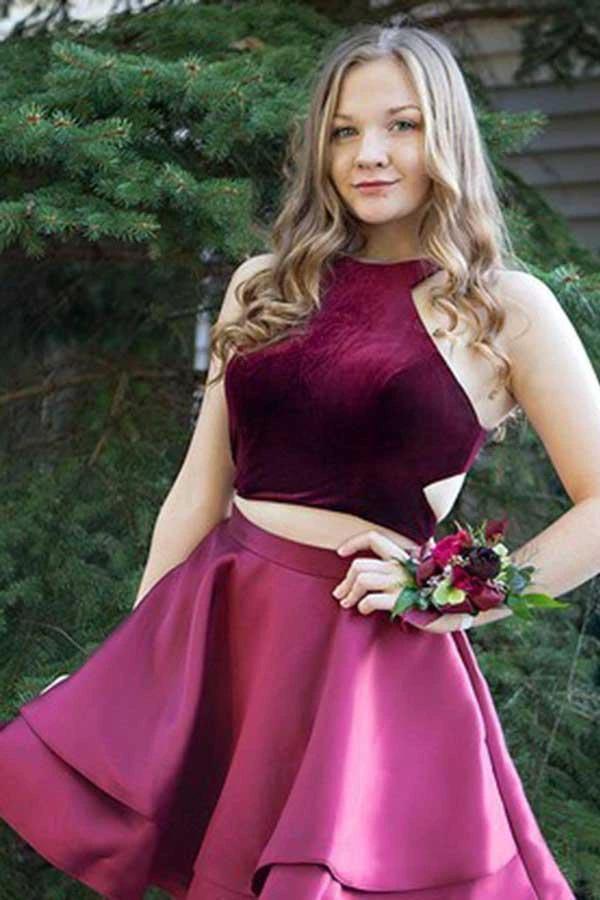 Two Piece High Neck Cut-out Burgundy Homecoming Party Dress PD035 by pgmdress
