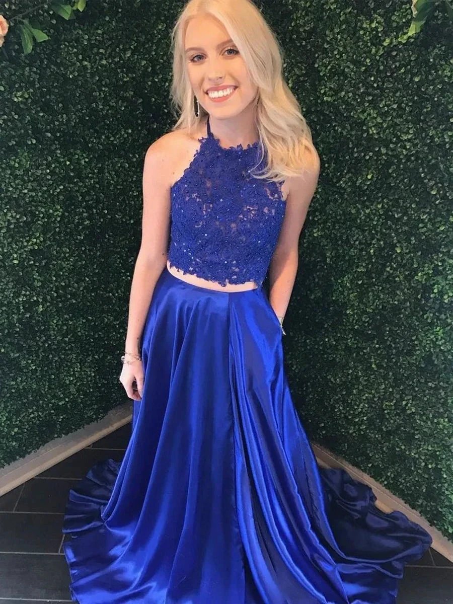 Two Piece Royal Blue Long A-line Halter Lace Satin Formal Prom Dresses with Pockets by BIZTUNNEL