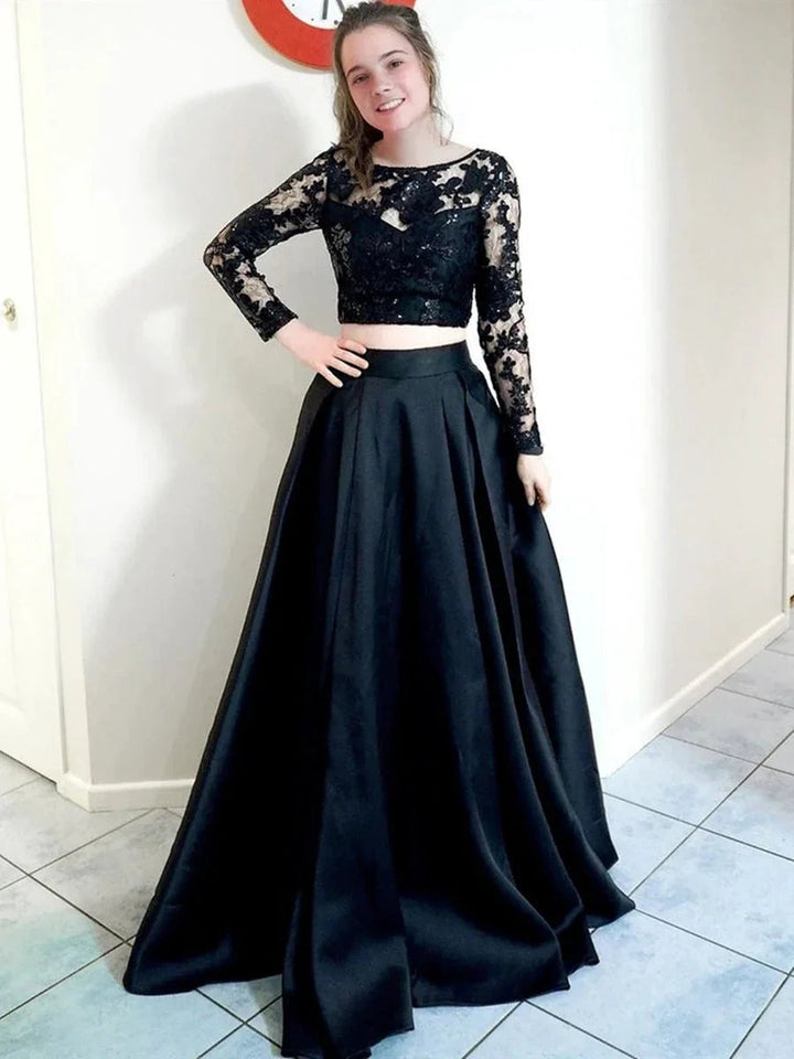 Two Pieces Black Long A-line Round Neck Satin Lace Formal Prom Dresses with Sleeves by BIZTUNNEL