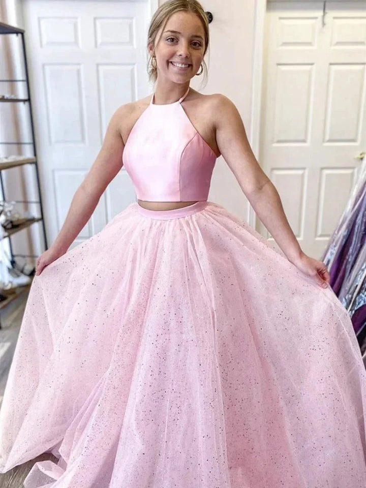 Two Pieces Long A-line Halter Satin Tulle Backless Formal Prom Dresses by BIZTUNNEL