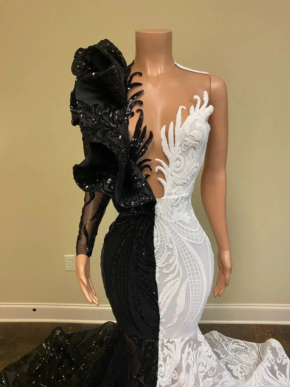 Unique Bicolor V-neck One Shoulder Long Sleeve Column Mermaid Prom Dresses by misshow.com