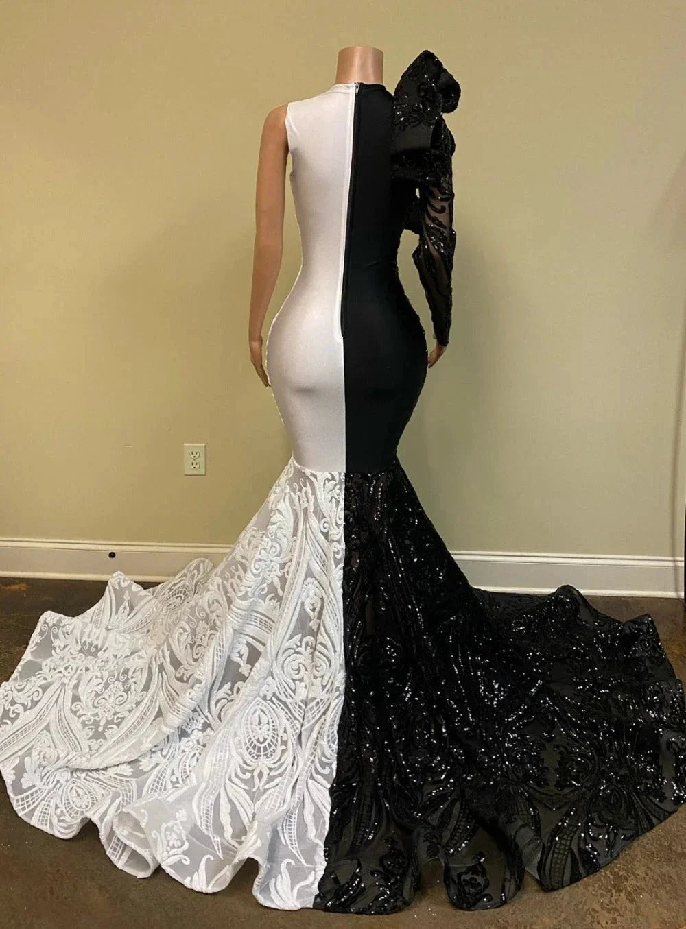 Unique Bicolor V-neck One Shoulder Long Sleeve Column Mermaid Prom Dresses by misshow.com
