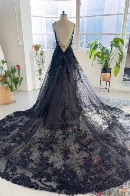 Unique black spaghetti straps sleeveless a-line lace sequined Wedding Dress by misshow.com