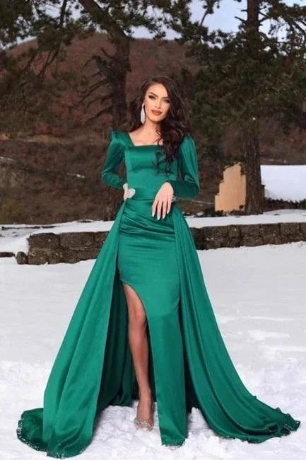 Unique Green Square Long-Sleeve A-Line Floor-Length Satin Prom Dresses with Ruffles by misshow.com