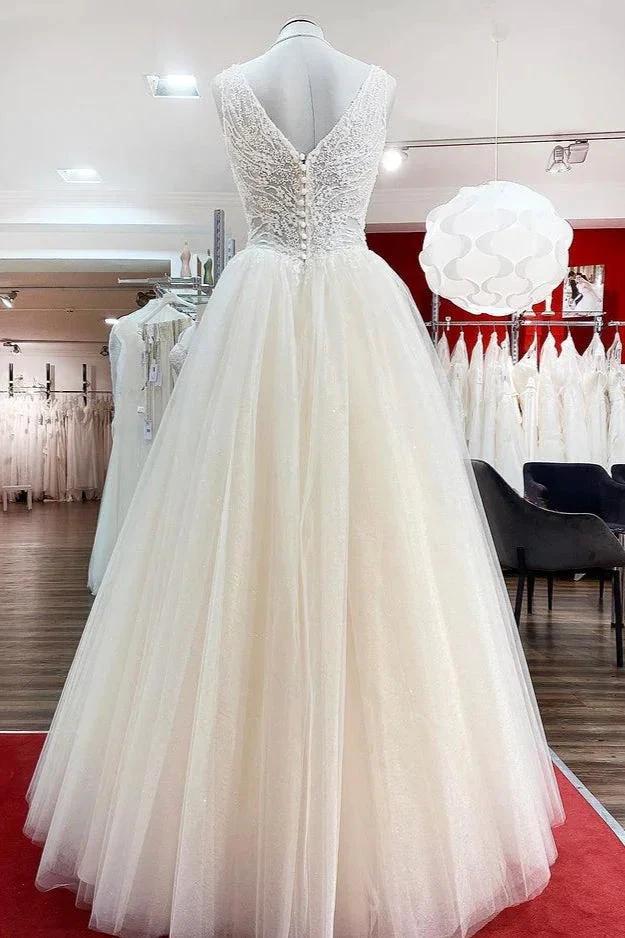 Unique Ivory Long Princess V-neck Tulle Lace Wedding Dress by BIZTUNNEL