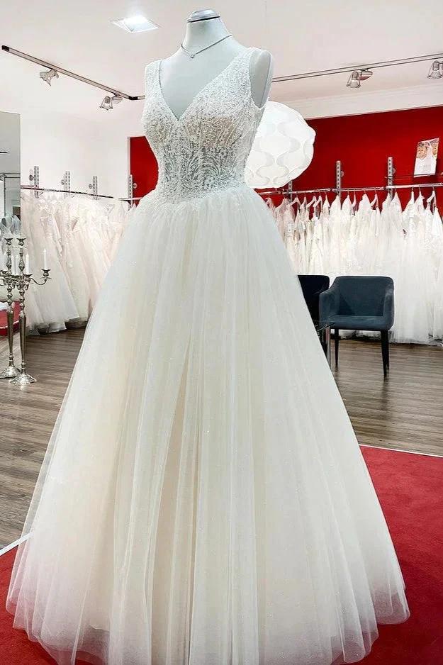 Unique Ivory Long Princess V-neck Tulle Lace Wedding Dress by BIZTUNNEL