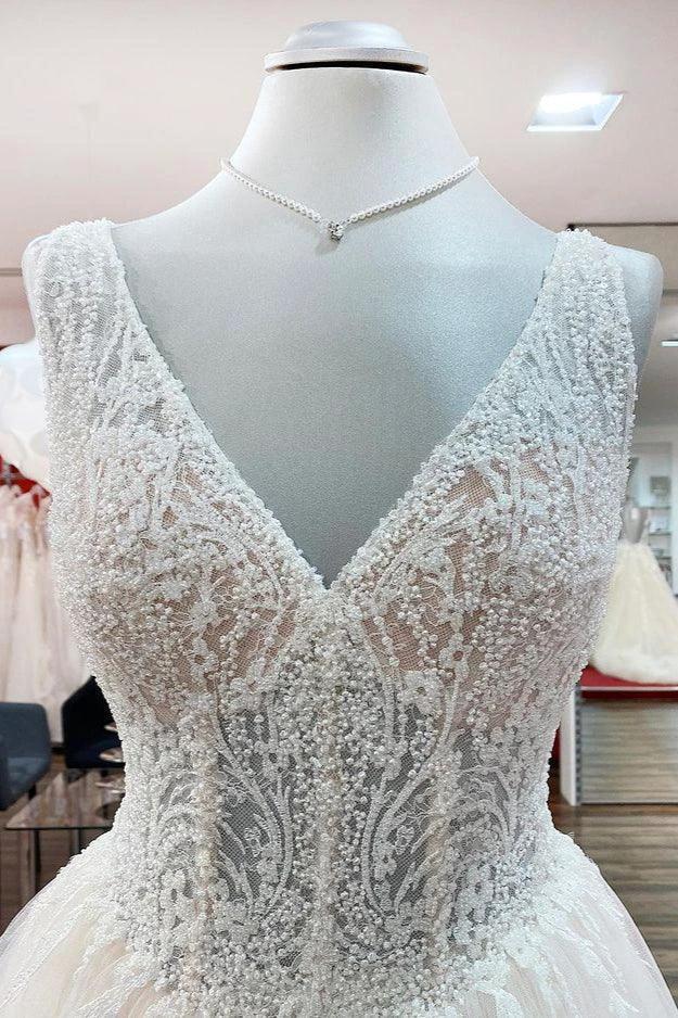 Unique Ivory Long Princess V-neck Tulle Lace Wedding Dress by BIZTUNNEL
