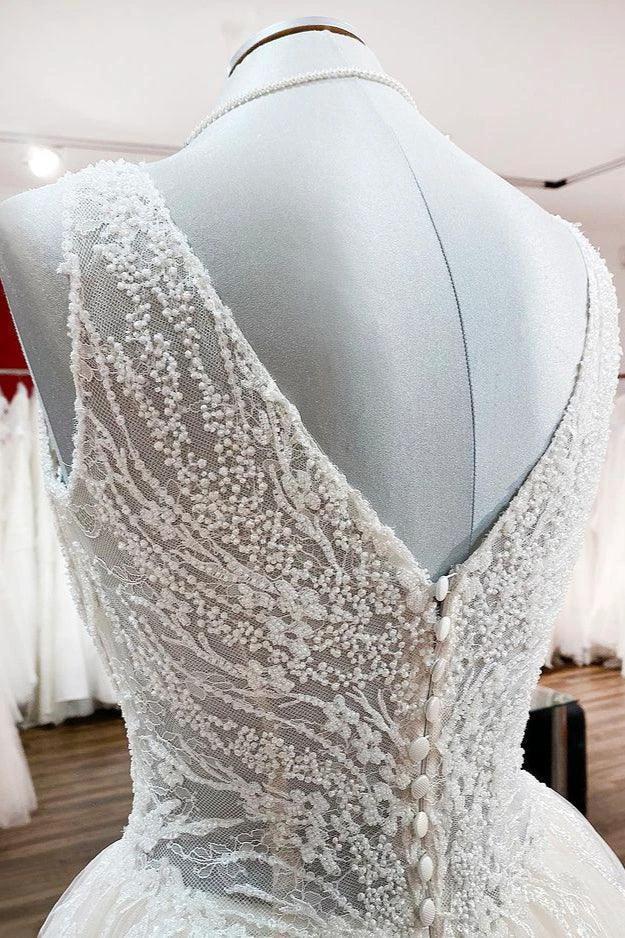 Unique Ivory Long Princess V-neck Tulle Lace Wedding Dress by BIZTUNNEL